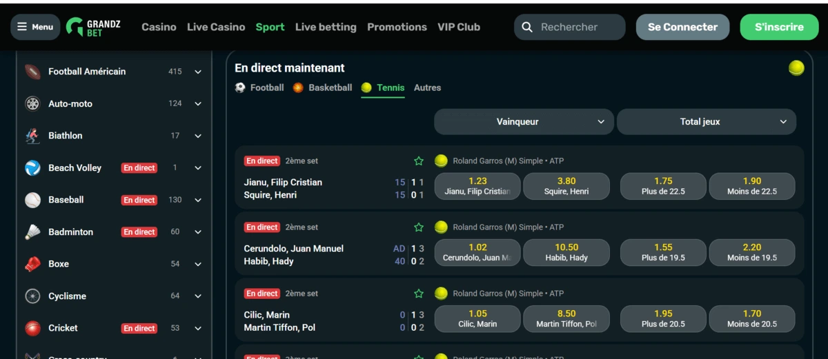 Exemple de paris tennis avec options sur les sets, handicaps et over/under